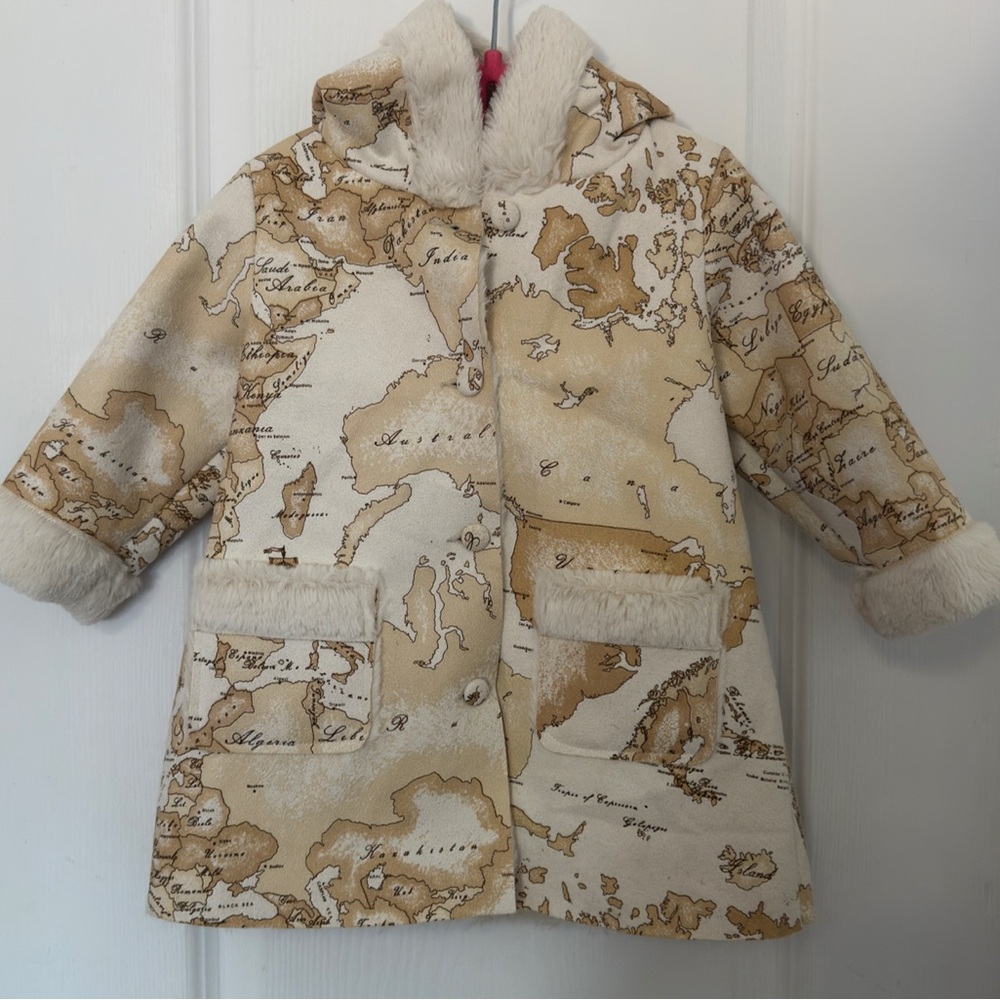 Alviero Martini 1ª Classe Junior Map Print Faux Fur Coat 12M Made in Italy